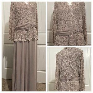 Brown Taupe Floral Lace, Sparkle & Rhinestone Long Sleeve Maxi Dress Size 12